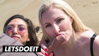 Frida Sante és Georgie Lyall forrón szopogatnak és baszódnak egy nagyméretű faszon a strandon